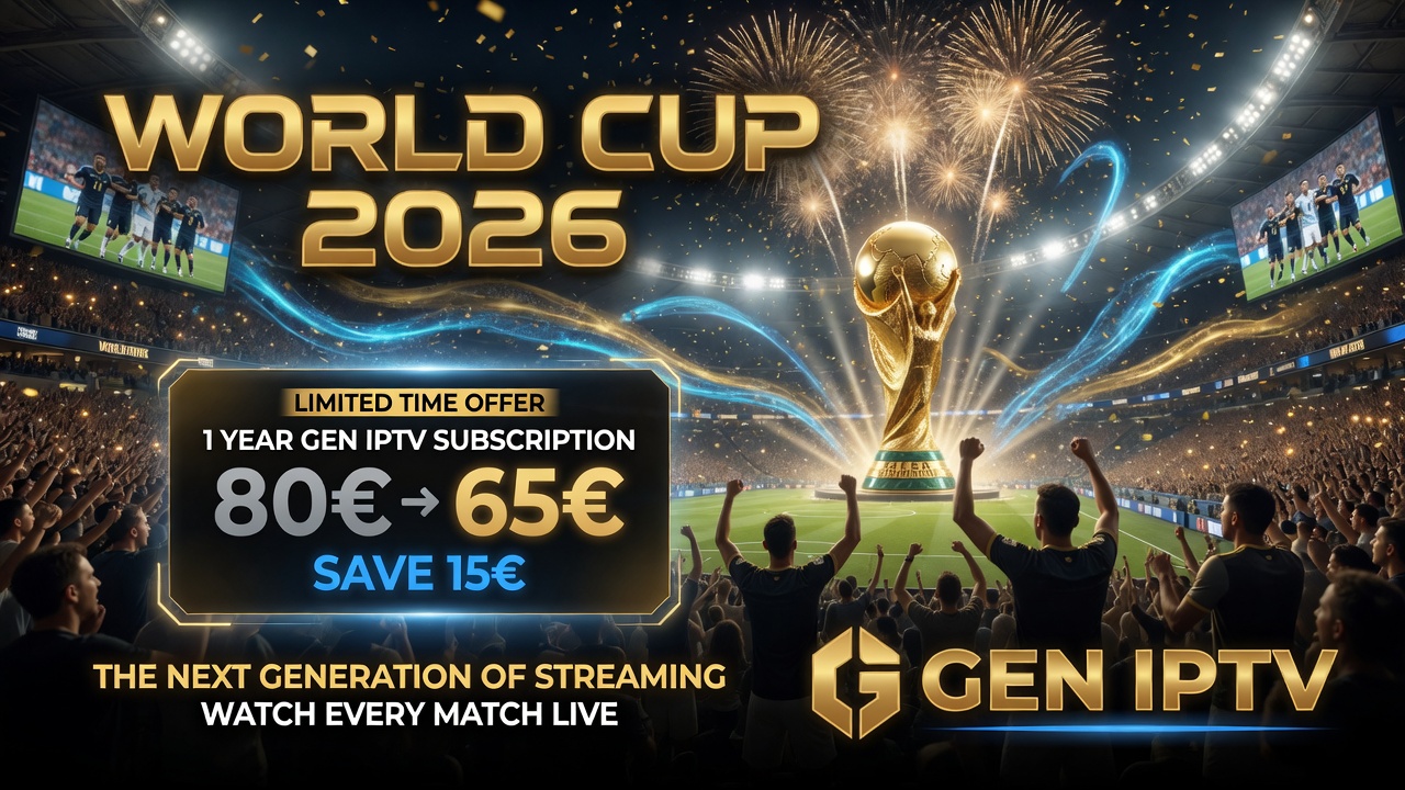 Promo banner for World Cup 2026 offering a 1-year IPTV subscription at 65€ (was 80€), with fireworks and stadium crowd visuals.